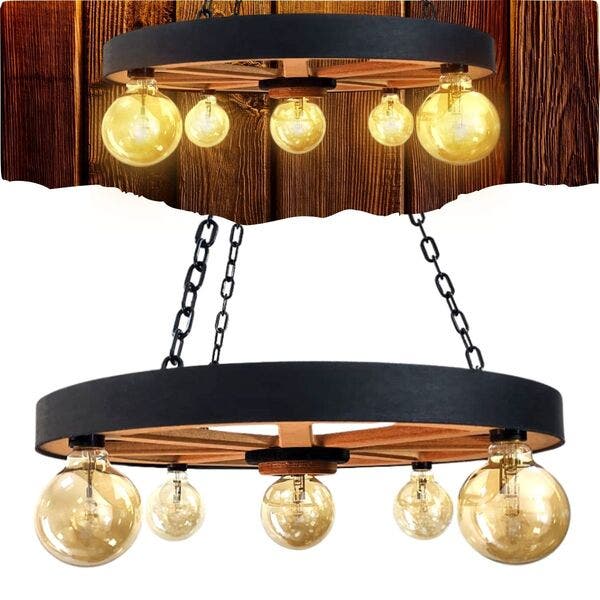 Luminária Rustica Roda De Carroça Pendente Lustre De Teto 5 Bocal 60cm ...