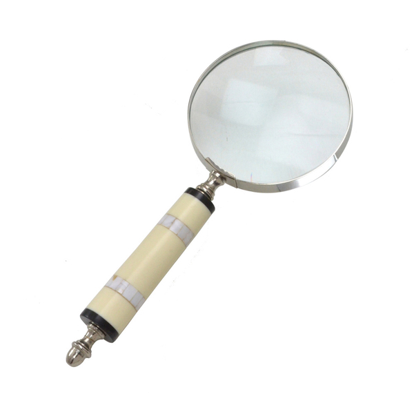 Lupa De Aumento Decorativa Prata Com Cabo De Resina Bege 25cm