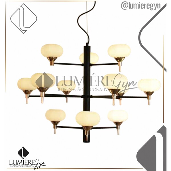 Lustre Alba 12 Braços Cobre/preto E Vidro- Hevvy Sl-5934h12
