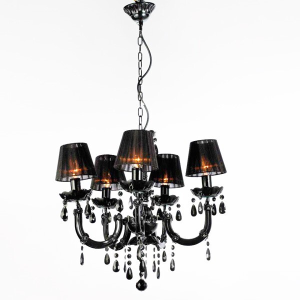 Lustre Candelabro 5 Braços Preto Pendente Cristal Acrílico Lm