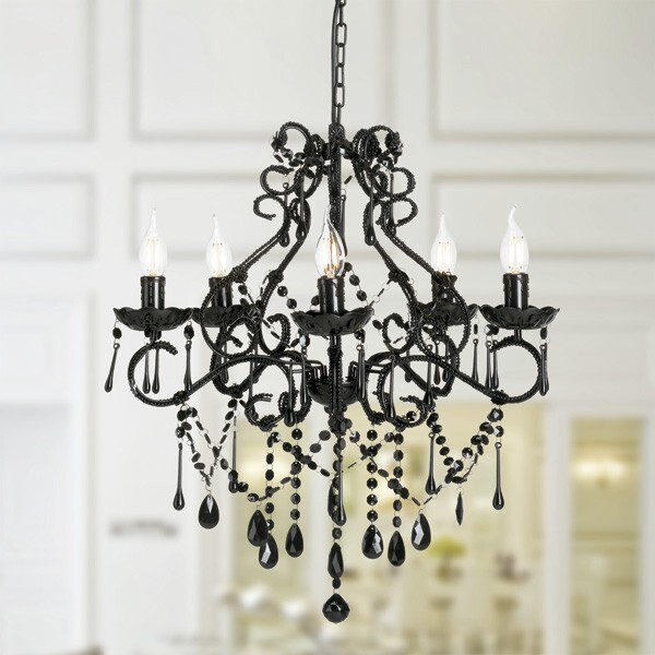 Lustre Candelabro 5 Braços Preto Pendente Cristal Acrílico Lm