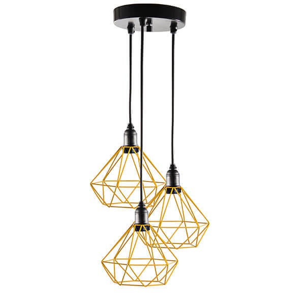 Lustre Com 3 Pendentes Aramado Diamante  - Amarelo