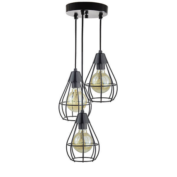 Lustre Com 3 Pendentes Aramados Gota - Preto