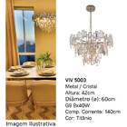 Lustre De Cristal Pendente Moderno 60x42cm Titânio Bivolt