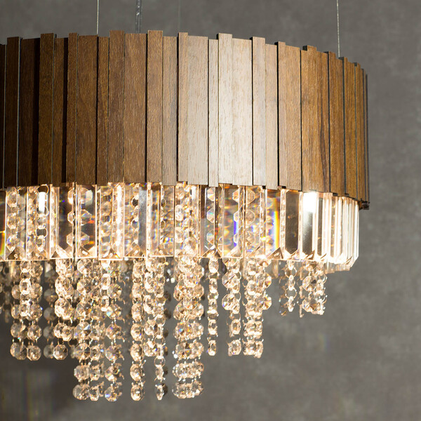 Lustre De Madeira Com Cristais Imbuia Esc Modelo Anajé 40 Cm