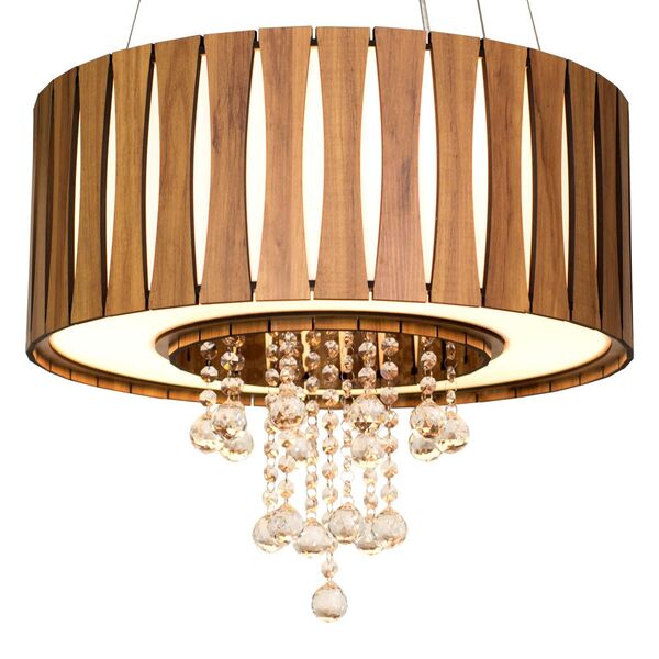 Lustre De Madeira Redondo Com Cristais 60cm Amêndola Mod. Pur