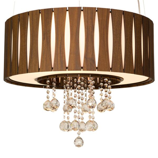 Lustre De Madeira Redondo Com Cristais 70cm Imbuia Mod. Purus