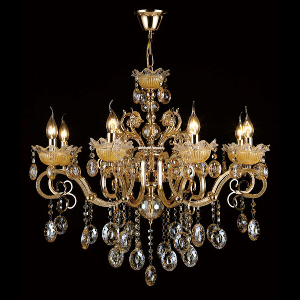 Lustre Dourado Com Cristais Âmbar 8 Braços 80cm