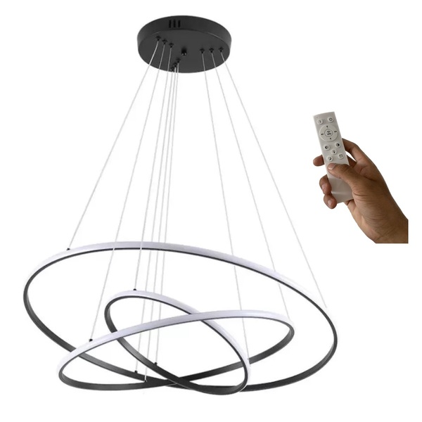 Lustre Led Moderno Pendente 113w Preto C/ Controle 80cm