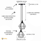 Lustre Luminária Pendente Diamante Retro Duplo Preto 2m Fl