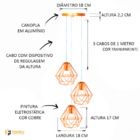 Lustre Luminária Pendente Diamante Retro Triplo Cobre Fl