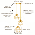 Lustre Luminária Pendente Diamante Retro Triplo Dourado 2m