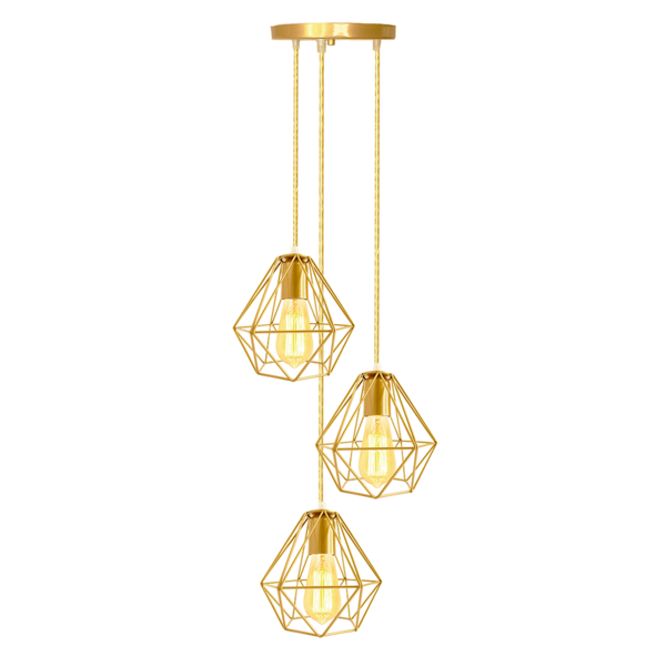 Lustre Luminária Pendente Diamante Retro Triplo Dourado 3m