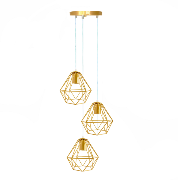 Lustre Luminária Pendente Diamante Triplo Dourado Tr 2m Fl