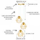 Lustre Luminária Pendente Diamante Triplo Dourado Tr 2m Fl