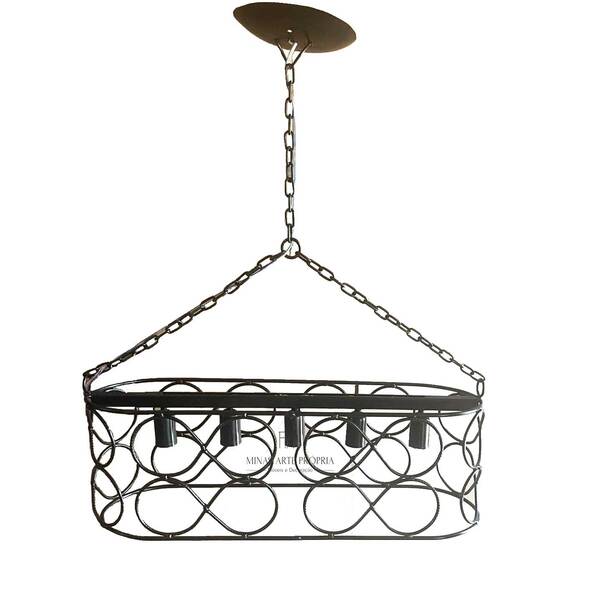 Lustre Luminária Pendente Oval Teto Ferro Artesanal 5 Bocais