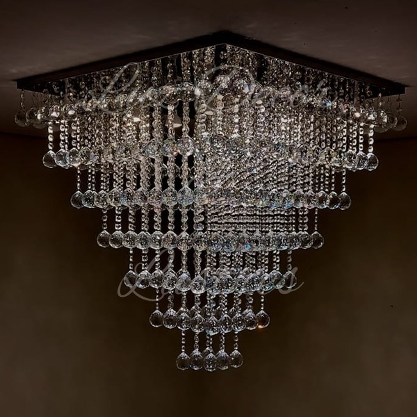Lustre Moderno Plafon De Cristais K9 Base Inox 70x70 Para Sal