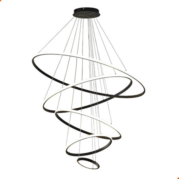Lustre Pendente 5 Arcos Anéis Preto De Led Bivolt Moderno