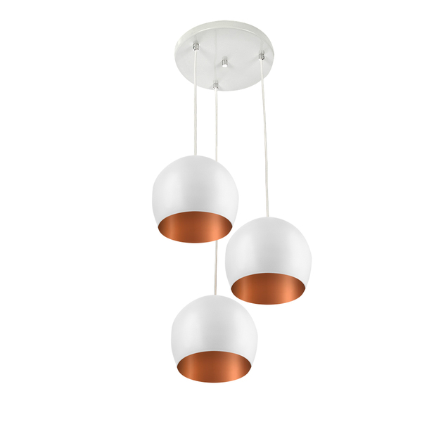 Lustre Pendente Aluminio Bola Triplo 15cm Branco/cobre