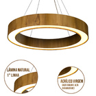 Lustre Pendente Anel Slim Madeira Teca Clara E Acrílico - 60cm