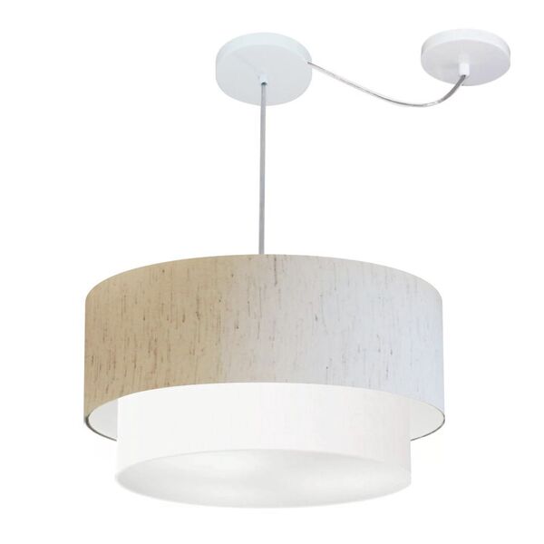 Lustre Pendente Cilíndrico Com Desvio Linho Bege E Branco Mj-