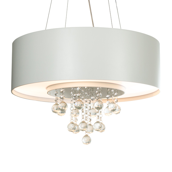 Lustre Pendente Cilíndrico Madeira Branco Laca  Cristais E Ac