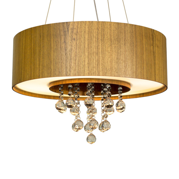 Lustre Pendente Cilíndrico Madeira Freijó  Acrílico E Cristai