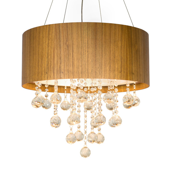 Lustre Pendente Cilíndrico Madeira Freijó E Cristais - 60cm