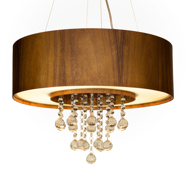 Lustre Pendente Cilíndrico Madeira Imbuia  Acrílico E Cristai