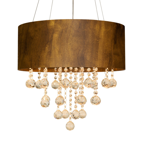 Lustre Pendente Cilíndrico Madeira Imbuia E Cristais - 60cm