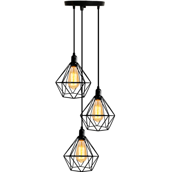 Lustre Pendente Diamante Retro Triplo Preto 3m + Lamp. St64