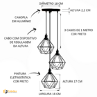 Lustre Pendente Diamante Triplo Preto + Lâmpada St64 Fl