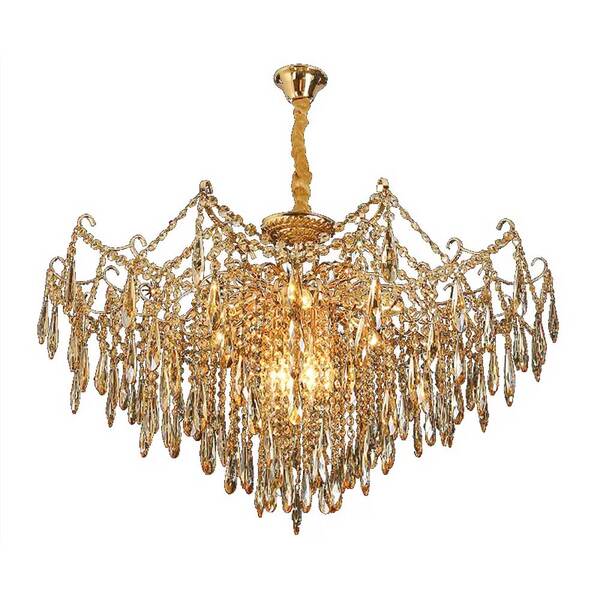 Lustre Pendente Dourado Com Cristais Âmbar 12e14 95cm