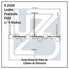 Lustre Pendente Figo Ouro 1,5m - 9 Globos Esfera De Vidro Fumê