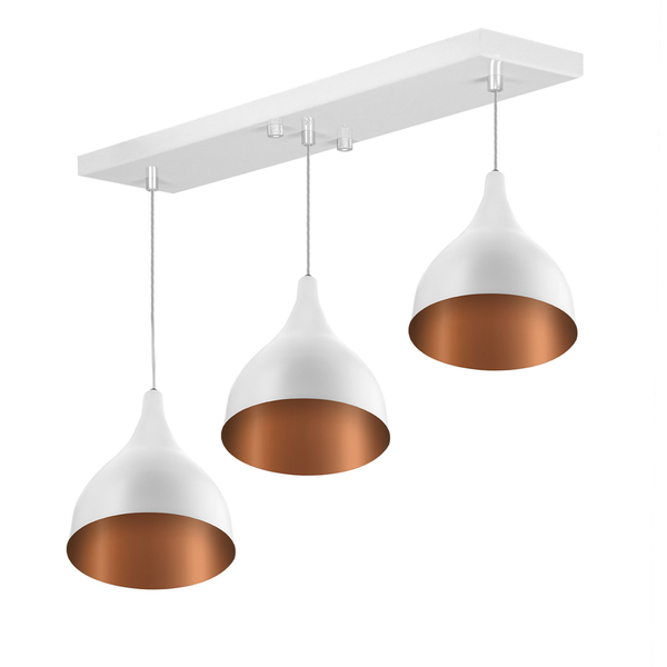 Lustre Pendente Gota Triplo Base Retangular Branco/cobre