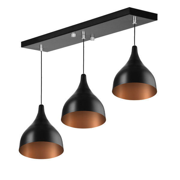Lustre Pendente Gota Triplo Base Retangular Preto/cobre