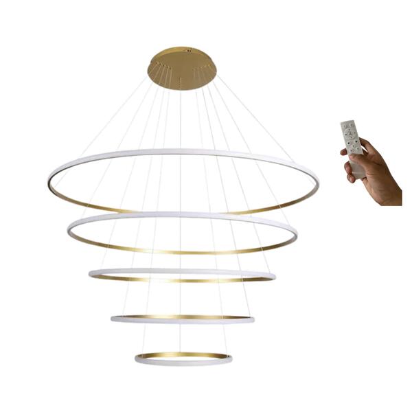 Lustre Pendente Led 5 Anéis Moderno 250w 120cm Dourado C/ Con