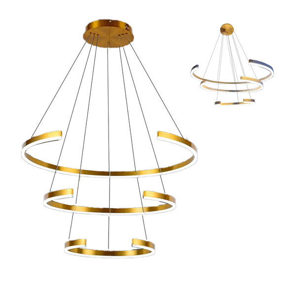 Lustre Pendente Luminaria Arco Aneis 94w Perfil Dourado Sala