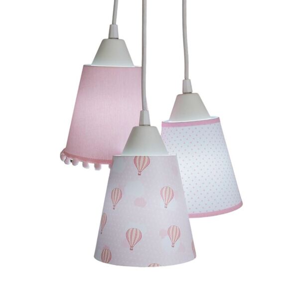 Lustre Pendente Luminária Cacho Tecido Nuvens E Pompons Rosa