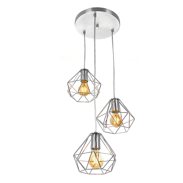 Lustre Pendente Luminária Diamante Aramado Triplo Cromado