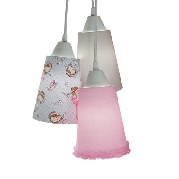 Lustre Pendente Luminária Teto Cacho 3 Cúpulas Bailarina Rosa