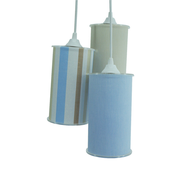 Lustre Pendente Luminária Triplo Listrado Tecidos Azul E Bege