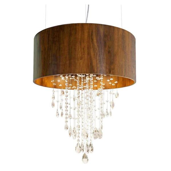 Lustre Pendente Redondo Cristal E Madeira 60cm Imbuia
