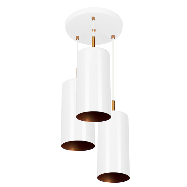Lustre Pendente Triplo Bilboquê Cilindrico Branco Com Cobre