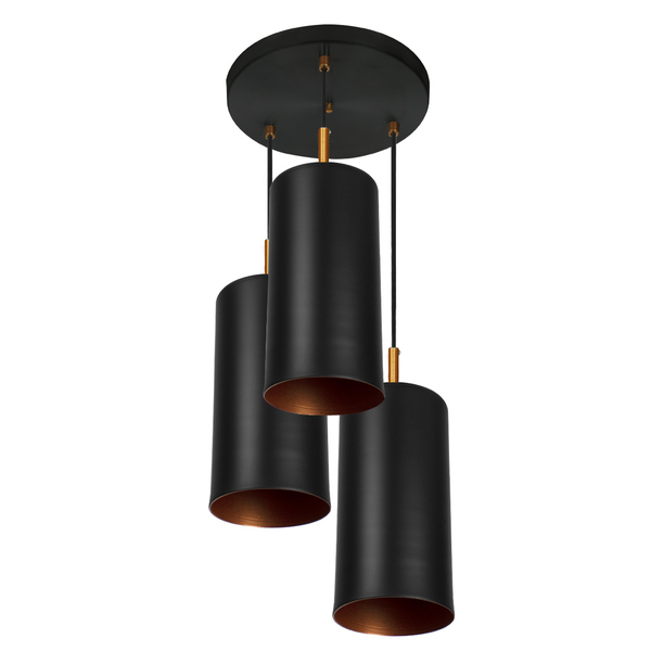 Lustre Pendente Triplo Bilboquê Cilindrico Preto Com Cobre