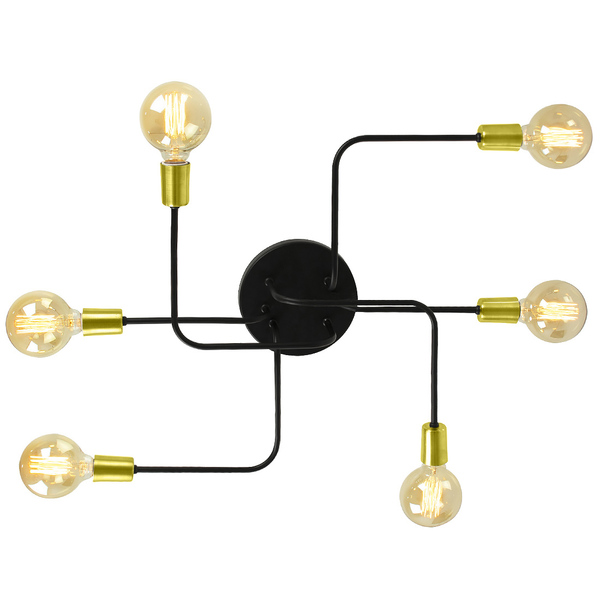 Lustre Plafon Hashtag Preto Com Dourado De 6 Braços