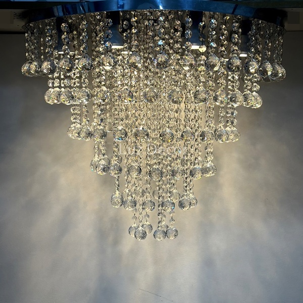 Lustre Torre Em Cristais Legítimos Base Inox 60cm Diâmetro Bi