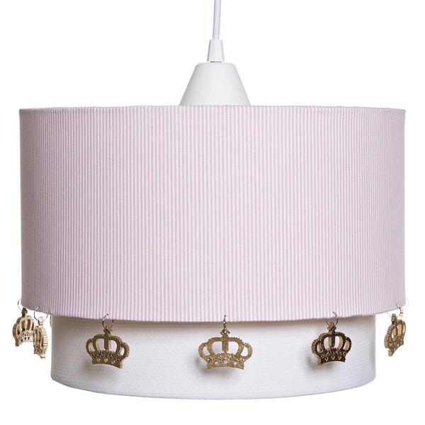 Lustre Tubular Duplo Rosa Com Corôas Douradas Quarto Bebê Inf