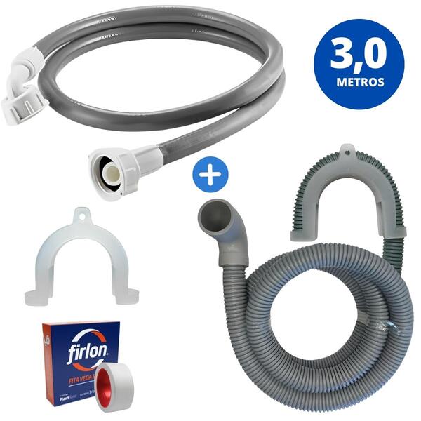 Mangueira Entrada + Saída Água Máquina De Lavar 3m Cinza + C