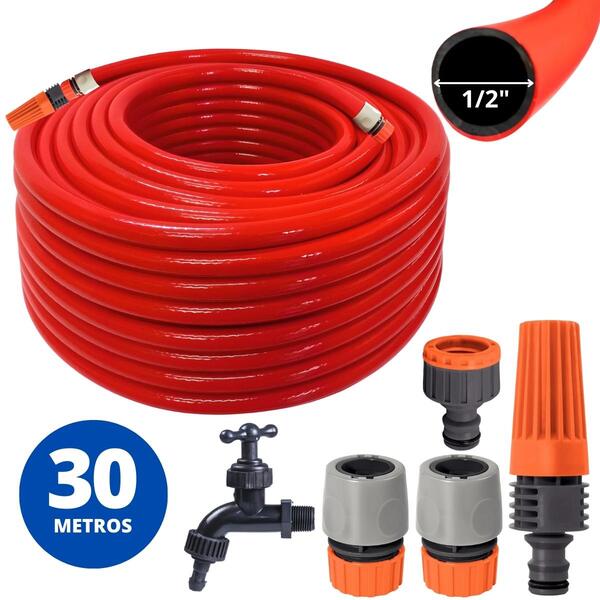 Mangueira Jardim 30m + Esguicho Jato Regulável + Engate Rápid